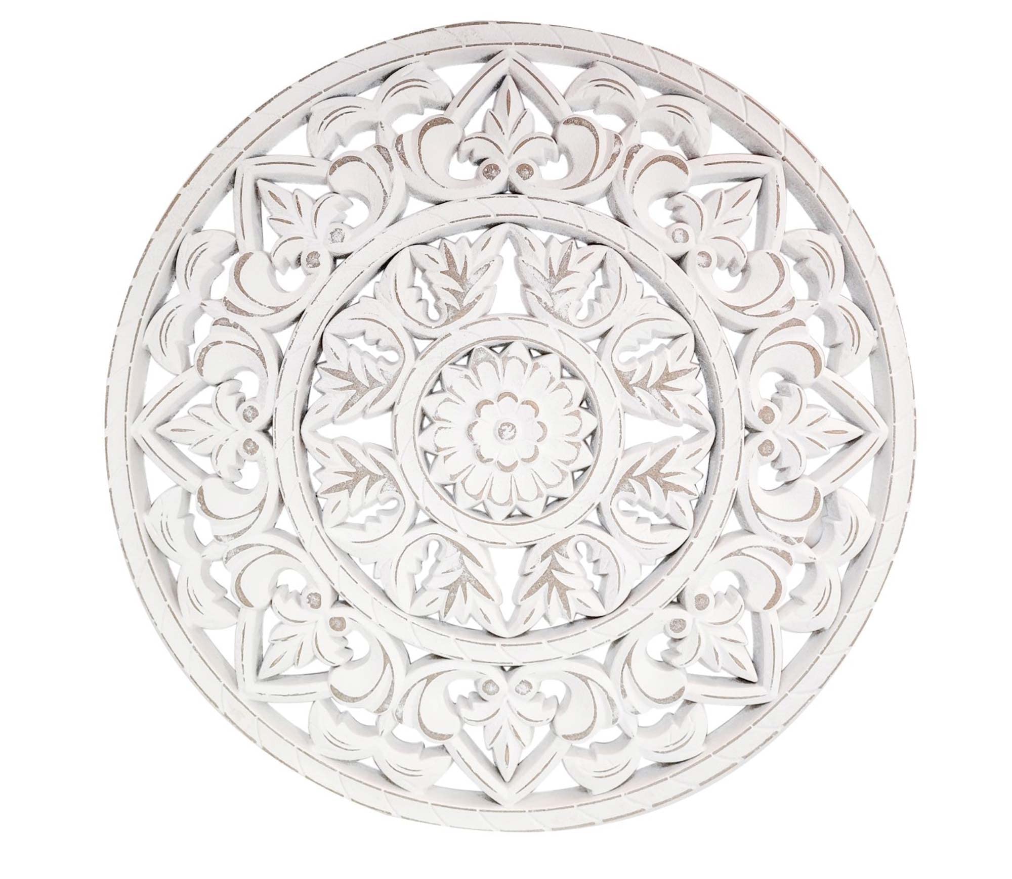 SGRIMALT Déco murale en Bois Blanc sculpté, Motifs Floral et Mandala Cérusé, H 45 cm