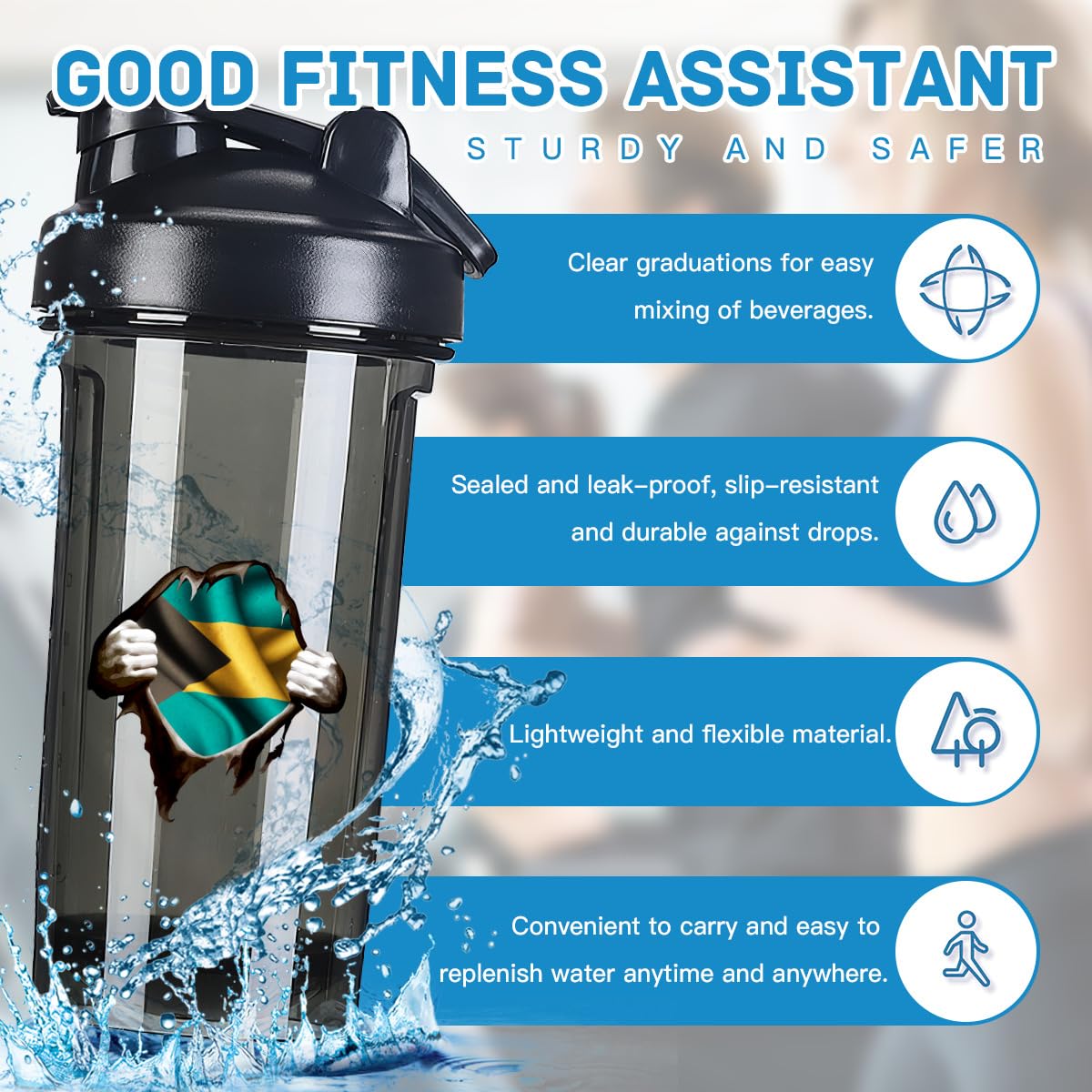 Vintage Torn Broken Bahamas Bahamian Flag 18 Ounce Shaker Bottle Drink Mixer Leak-proof Pre Workout Protein Shakes Meal Replacement Shakes Bottles 500ML/18 Oz Black