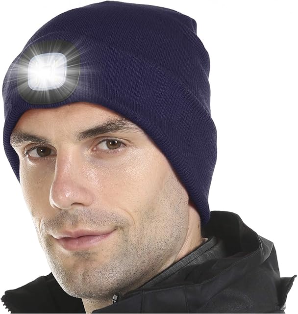 Attikee LED Lighted Beanie Cap for Adults, USB Rechargeable 4 LED Headlamp Hat, Unisex Winter Knit Hat Torch for Running Cycling Camping, Christmas Tech Gifts for Men Dad Women Teens