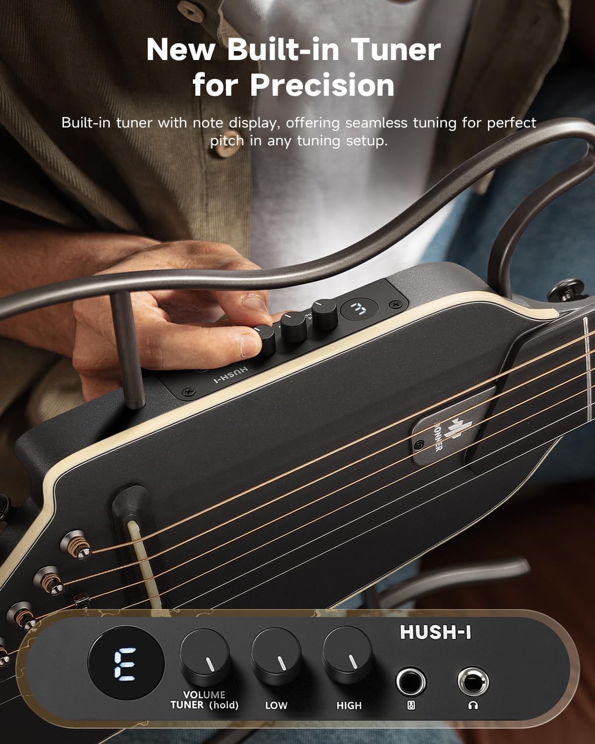 Donner HUSH-I EVO2 Acoustic Electric Travel Guitar – Portable Headless Quiet Practice Guitar, Ultra-Light, Mahogany Body with Built-in Tuner, Detachable Stands & Headphone Jack - Black