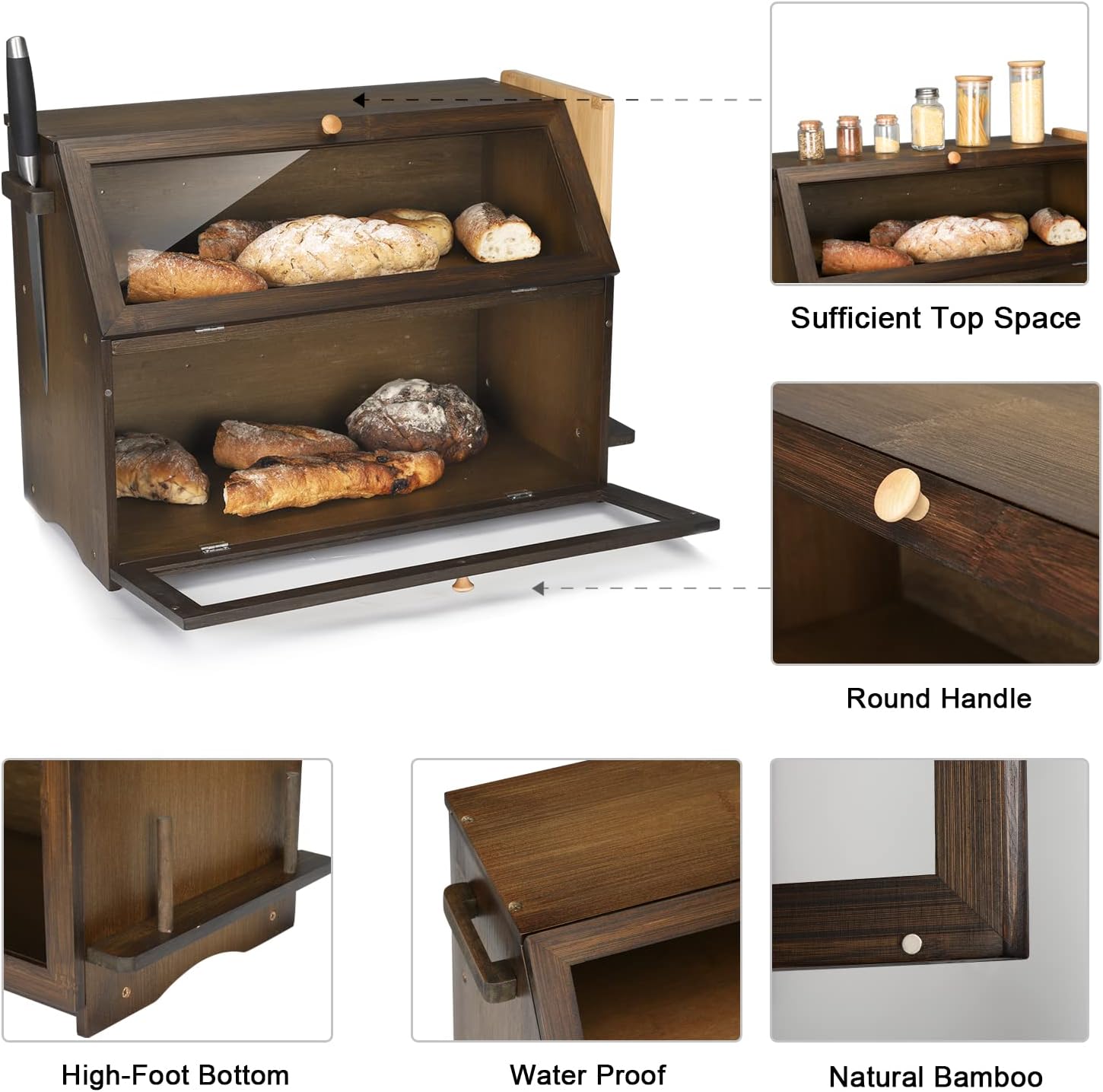 HOMEKOKO Double Oversized Bread Box, Two-layer Extra Large Bread Box for Kitchen Counter, Wooden Large Capacity Bread Storage Bin with Cutting Board (Brown)