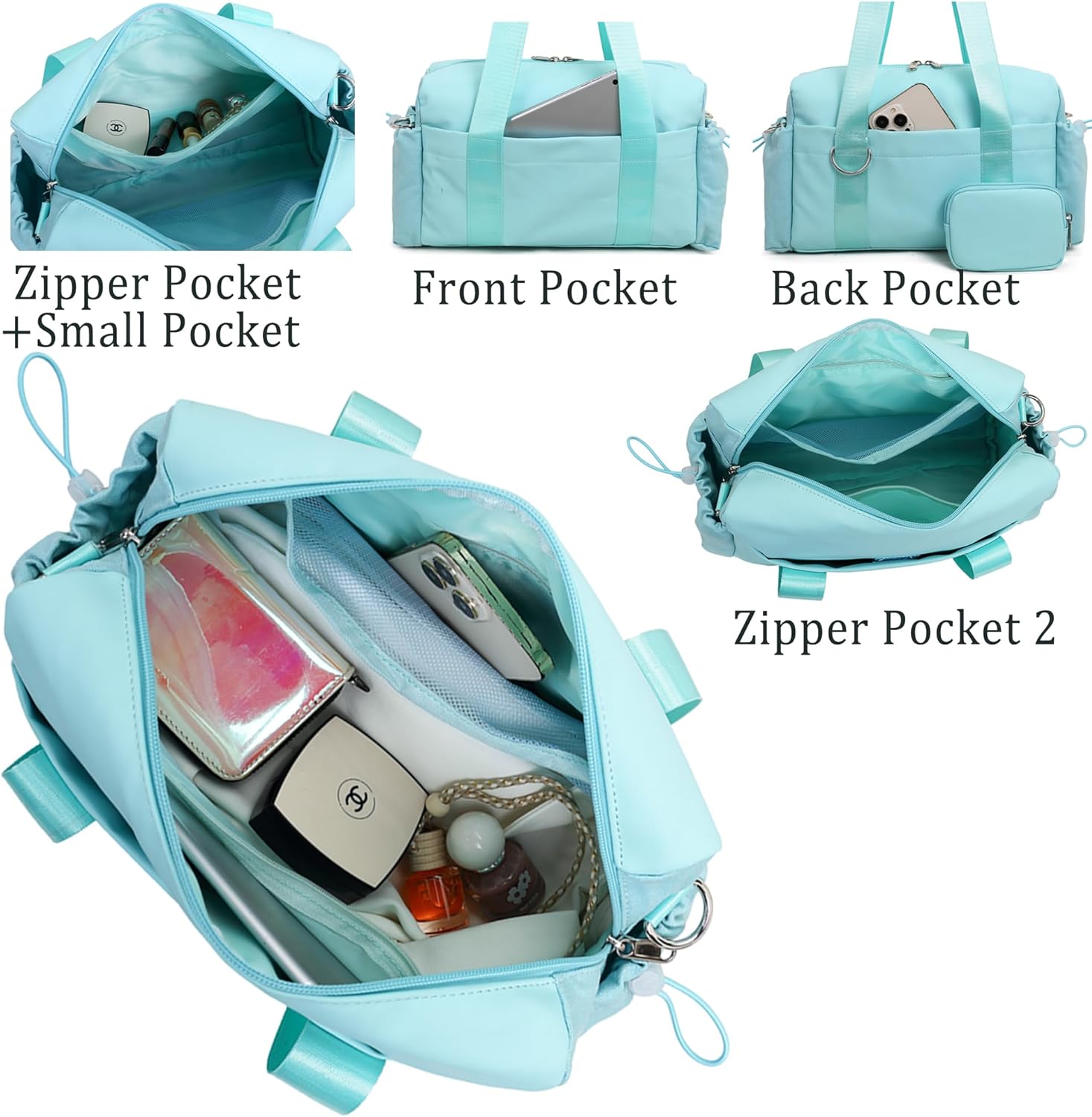 Everyday Mini Gym Bag for Women 2.0, Small Tote with Zipper Compartment Waterproof Travel Duffle Cute Handbag Workout Carry On with Removeable Shoulder Strap & Coin Wallet Easy to Clean - Blue - Image 4