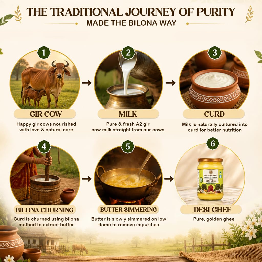 A2 Gir Cow Desi Ghee, 500 ml, prodotto con latte puro A2, metodo tradizionale Bilona