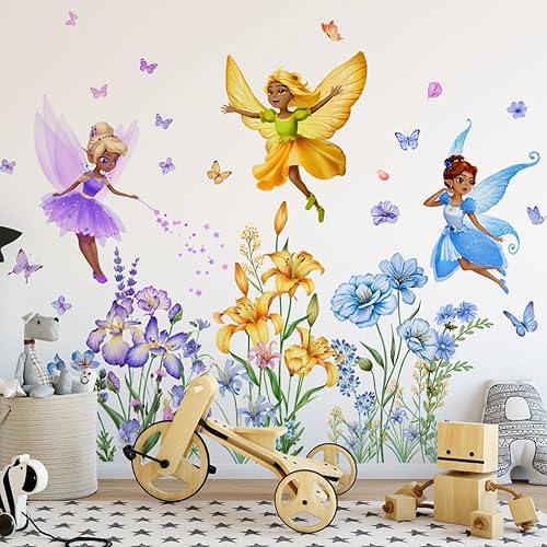 Miniatura 2 de 3 calcomanías de pared para niña de hadas, calcomanías de pared de flores, calcomanías de flores para despegar y pegar, calcomanías de pared para