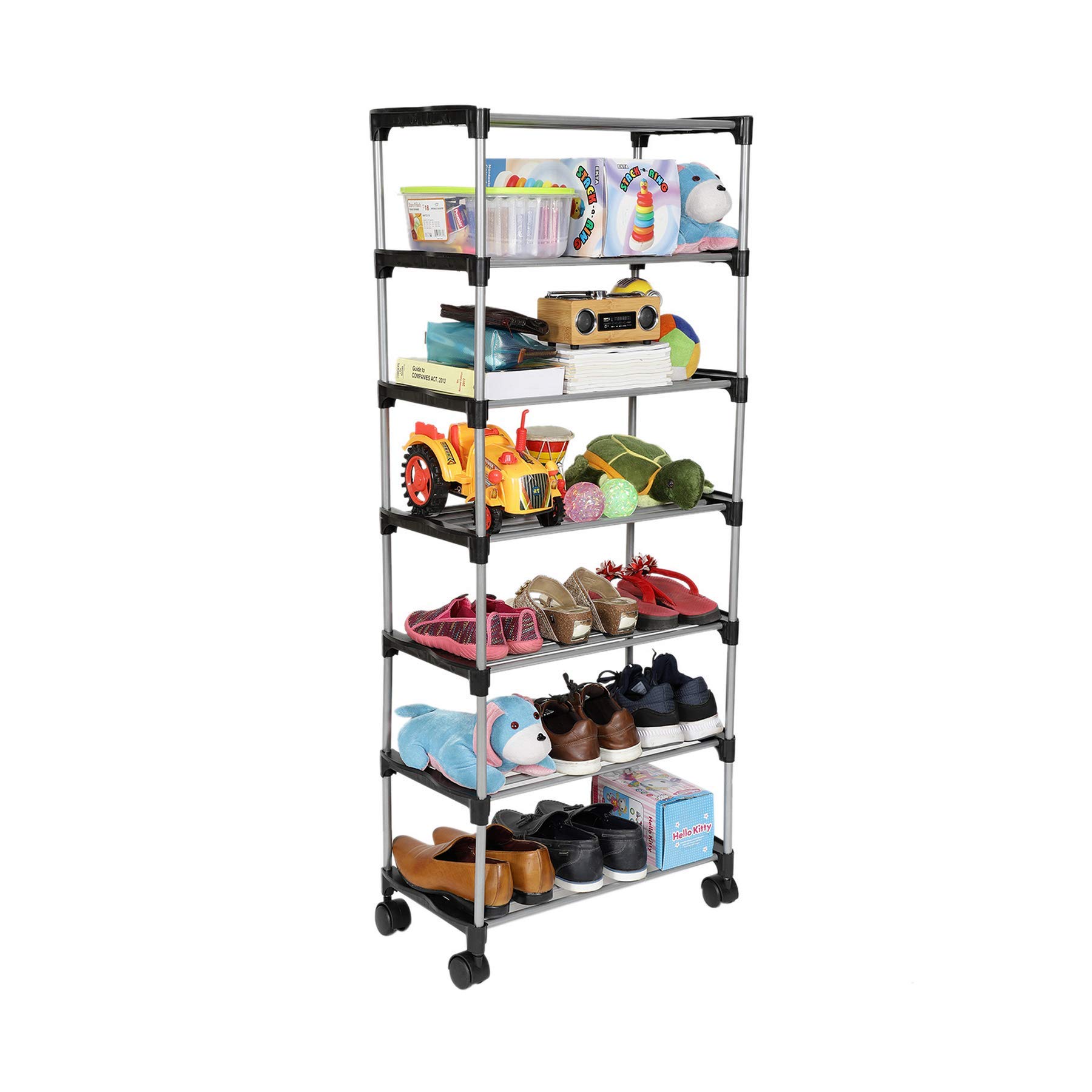 Happer Premium 6-Tiers Shoe Rack / Multipurpose Storage Rack With 4 Caster Wheels, Classic (Black & Silver)