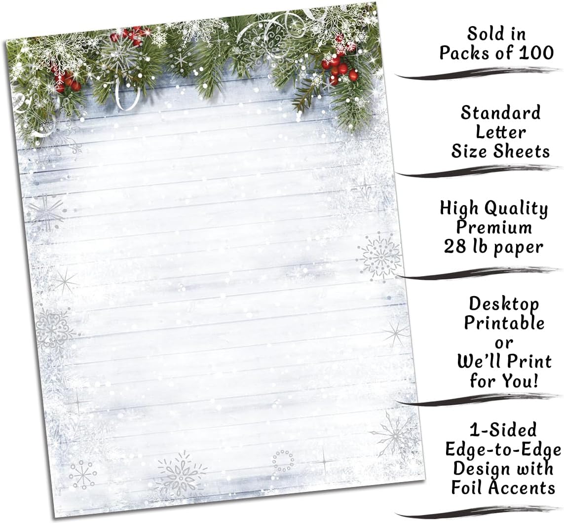 PaperDirect Snowy Sentiment Holiday Border Paper – Gray Barnwood with Silver Snowflakes, Pine Boughs, White Ribbons & Red Berries, 8.5" x 11", 28lb, Laser/Inkjet Compatible, 100 Sheets