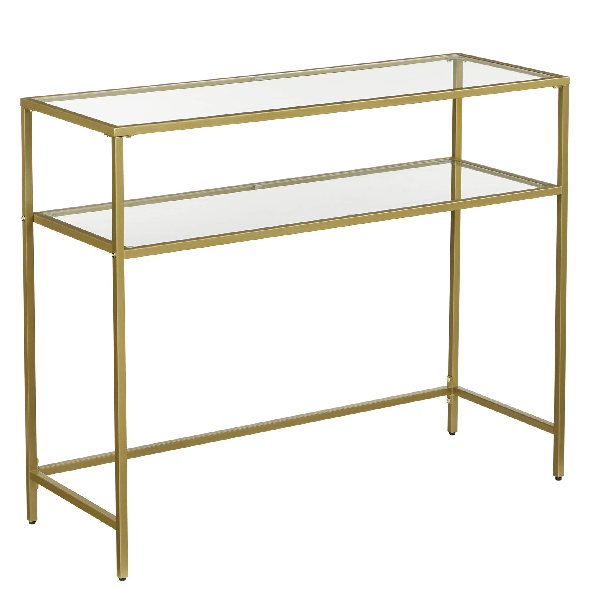 vasagle console table, modern sofa or entryway table, tempered glass table, metal frame, 2 shelves, adjustable feet, for living room, hallway, gold color ulgt025a01