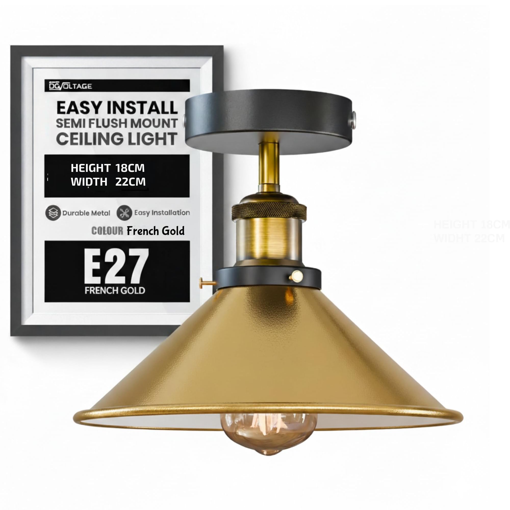 DC VOLTAGE E27 Base Vintage Ceiling Light with 22cm French Gold Cone Lampshade Easy Fit Durable Metal Rust Free Flush Fitting Ceiling Light for Living Room,Bedroom, Kitchen with Bulb — image 1