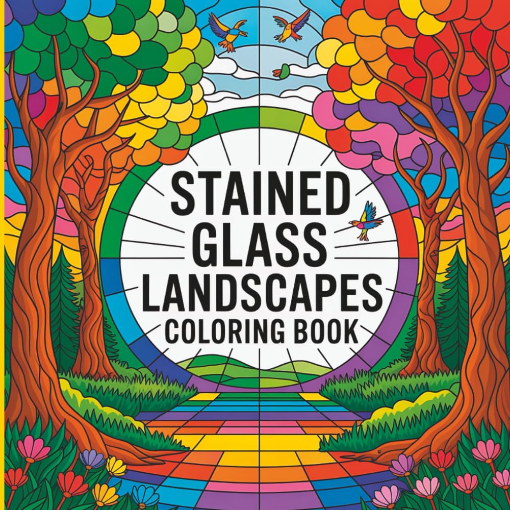 Stained Glass Landscapes Coloring Book: Nature-Inspired Glass Art for Relaxing Coloring