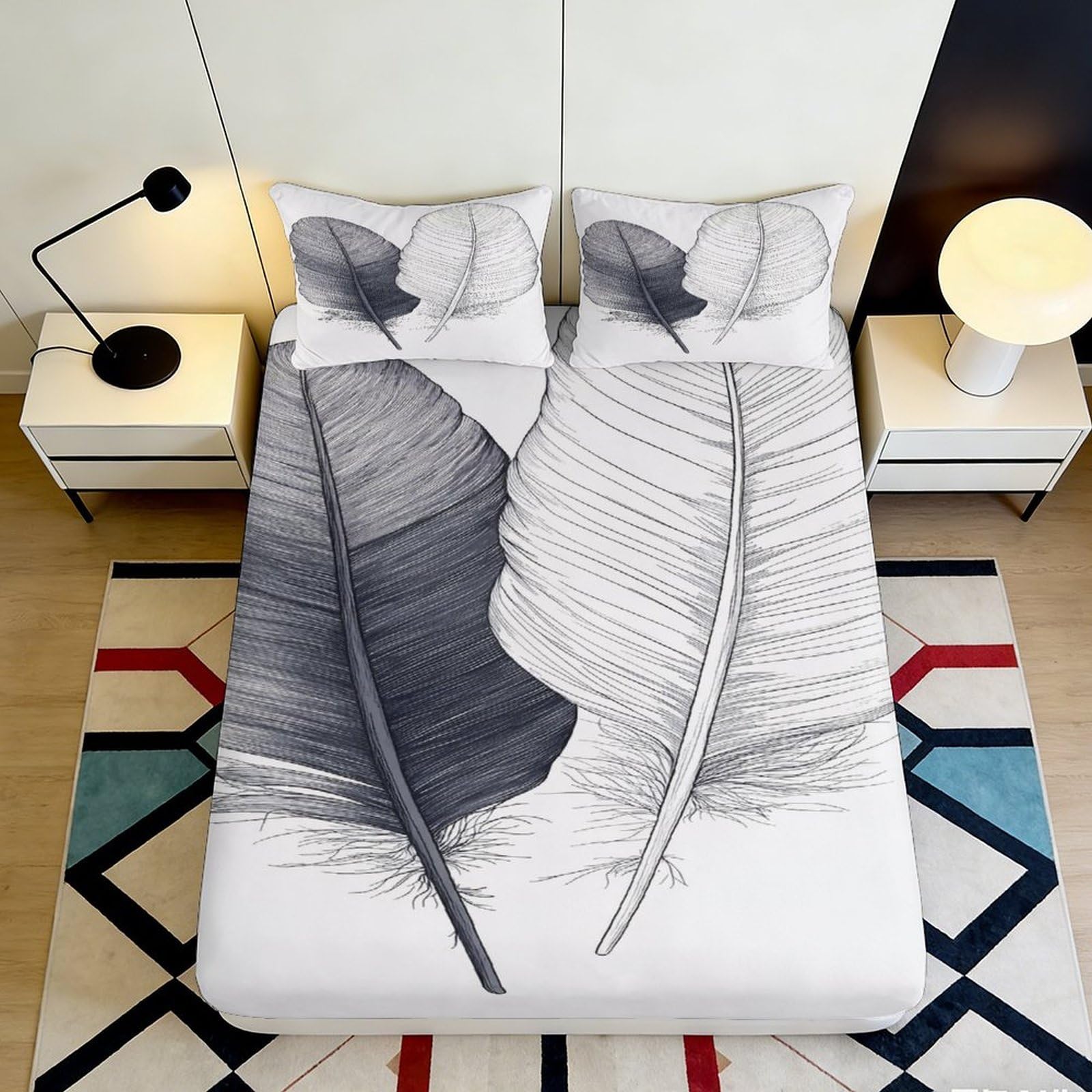 Pnayamiorkfel Style-5 3D Printed Black Feather Fitted Sheet Microfiber Soft Breathable Grey Leaf Mattress Cover For Bedroom Dorm Decor 90X200x25cm
