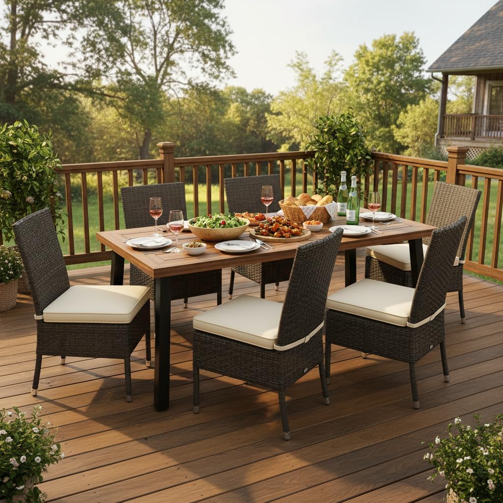 Tangkula 67.5 Inch Acacia Wood Outdoor Dining Table for 6, Patio Table with with Umbrella Hole & Metal Legs, Indoor & Outdoor Rectangular Table for Garden Park Poolside Porch