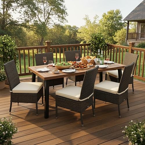 Miniatura 3 de Tangkula Mesa de comedor de madera de acacia para exteriores con agujero para paraguas, moderna mesa de patio con patas de acero con acabado