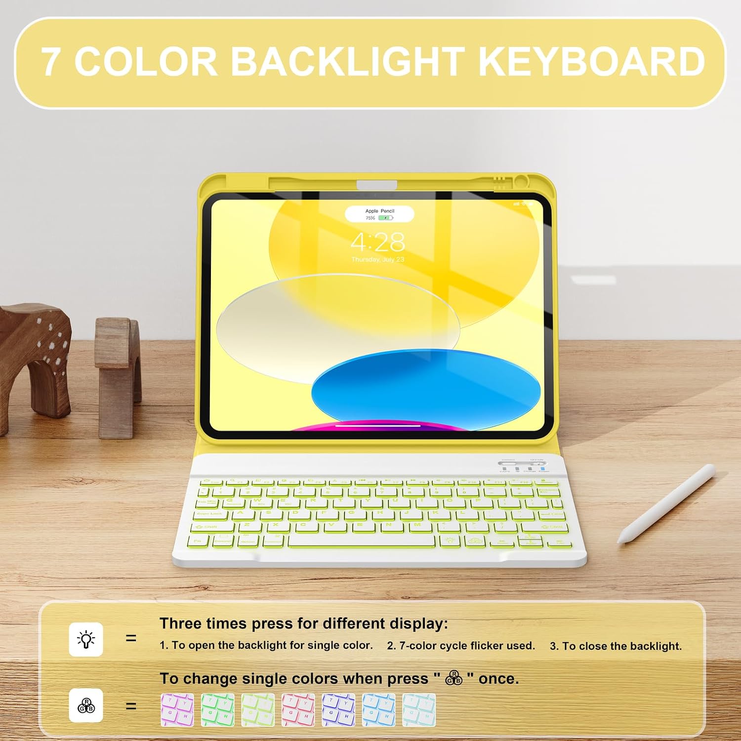 Soke for iPad (A16) 11th/10th Generation Case with Keyboard(2025/2022)-7 Color Backlight Wireless Detachable Folio Keyboard Cover with Built-in Pencil Holder for iPad 11/10.9 inch, Yellow Marble