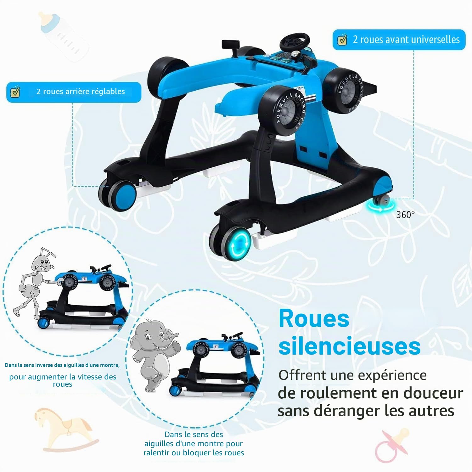 FANTASK Trotteur 4 en 1 pliable avec hauteur et vitesse réglables, en forme de voiture pour bébé, avec boîte à musique, lumières et roues, bleu