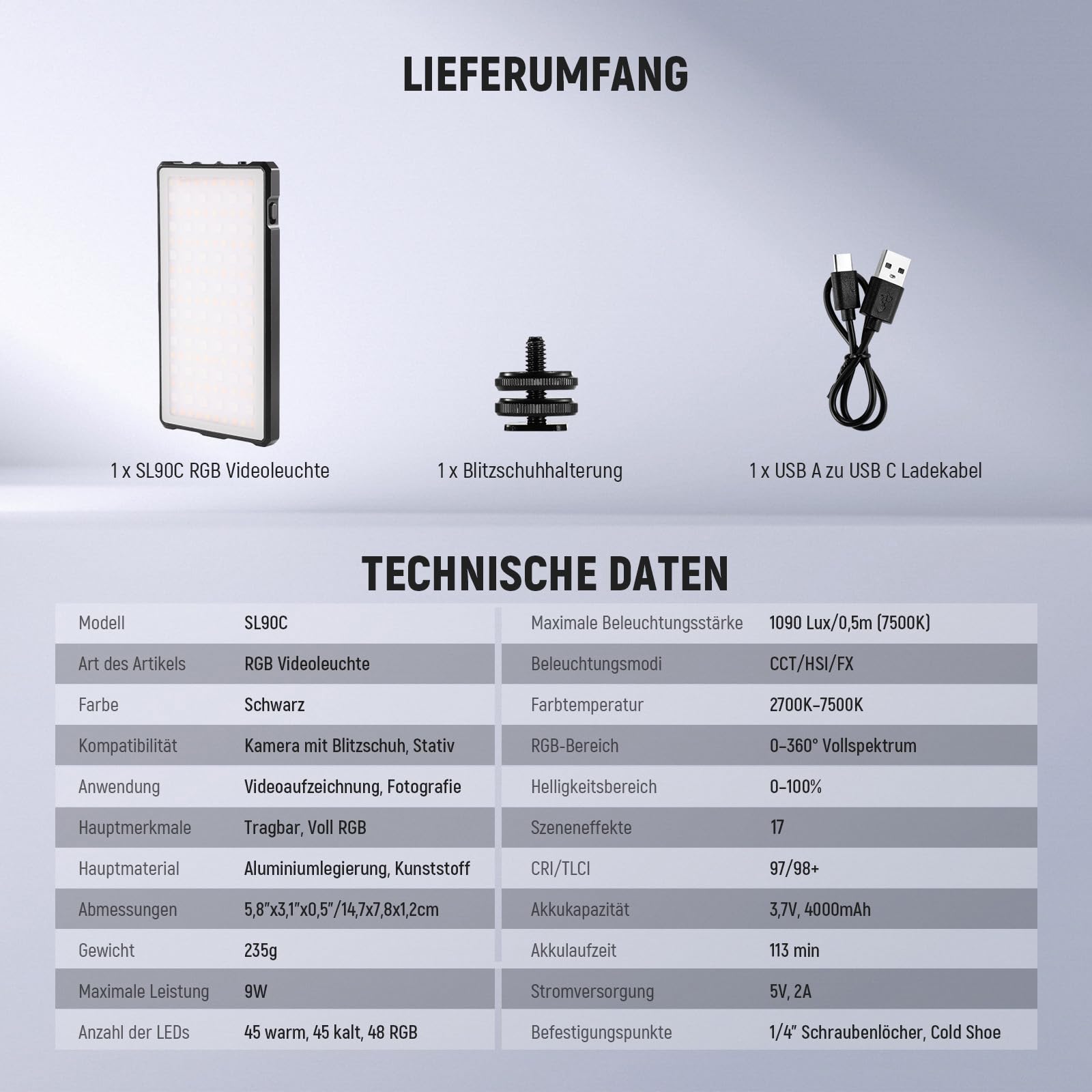 NEEWER Basics RGB Videoleuchte, 9W, 2700K–7500K, alle RGB Farben, 17 Szenen, CRI 97, 4000mAh, wiederaufladbar, kleines LED Kamera Panel aus Metall für DSLR, Stativ, Streaming und Videoaufnahmen, SL90C