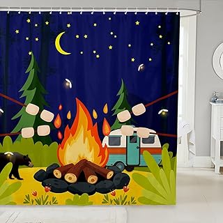 Cartoon Camper Campfire Shower Curtain,Cute Camping RV Bathroom Curtain,Kids Girls Adult Watercolor Starry Sky Moon Night Waterproof Curtain Nature Jungle Scenery Bath Curtain,12 Hooks,72" Wx72 L
