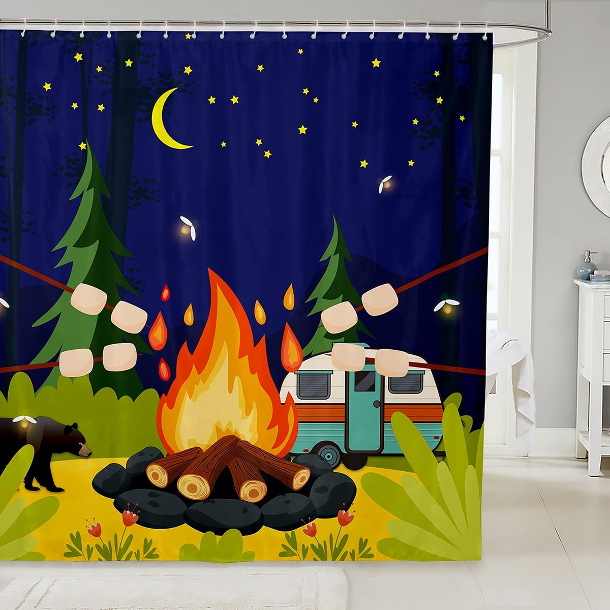 Castle Fairy Cartoon Camper Campfire Shower Curtain, Unisex Adult, 72"W x 72"L, Multi 05, Waterproof, Modern, Vibrant Artistic, Starry, Jungle, Nature