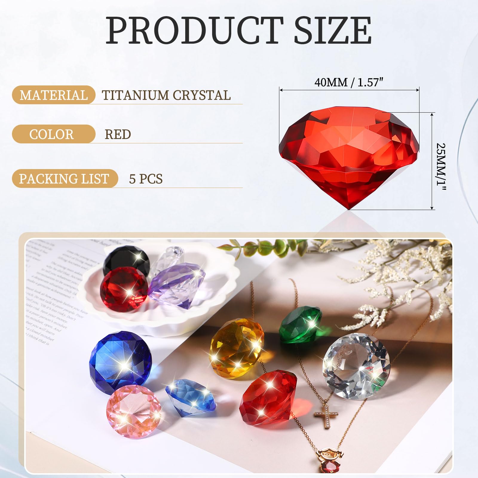 PATIKIL 5 Pcs Diamond Crystal Paperweight, 40mm / 1.57 Inch Crystal Paperweight Paper Weight for Home Office Desktop Table Decor Wedding Party Jewelry Ornaments, Red - Image 2
