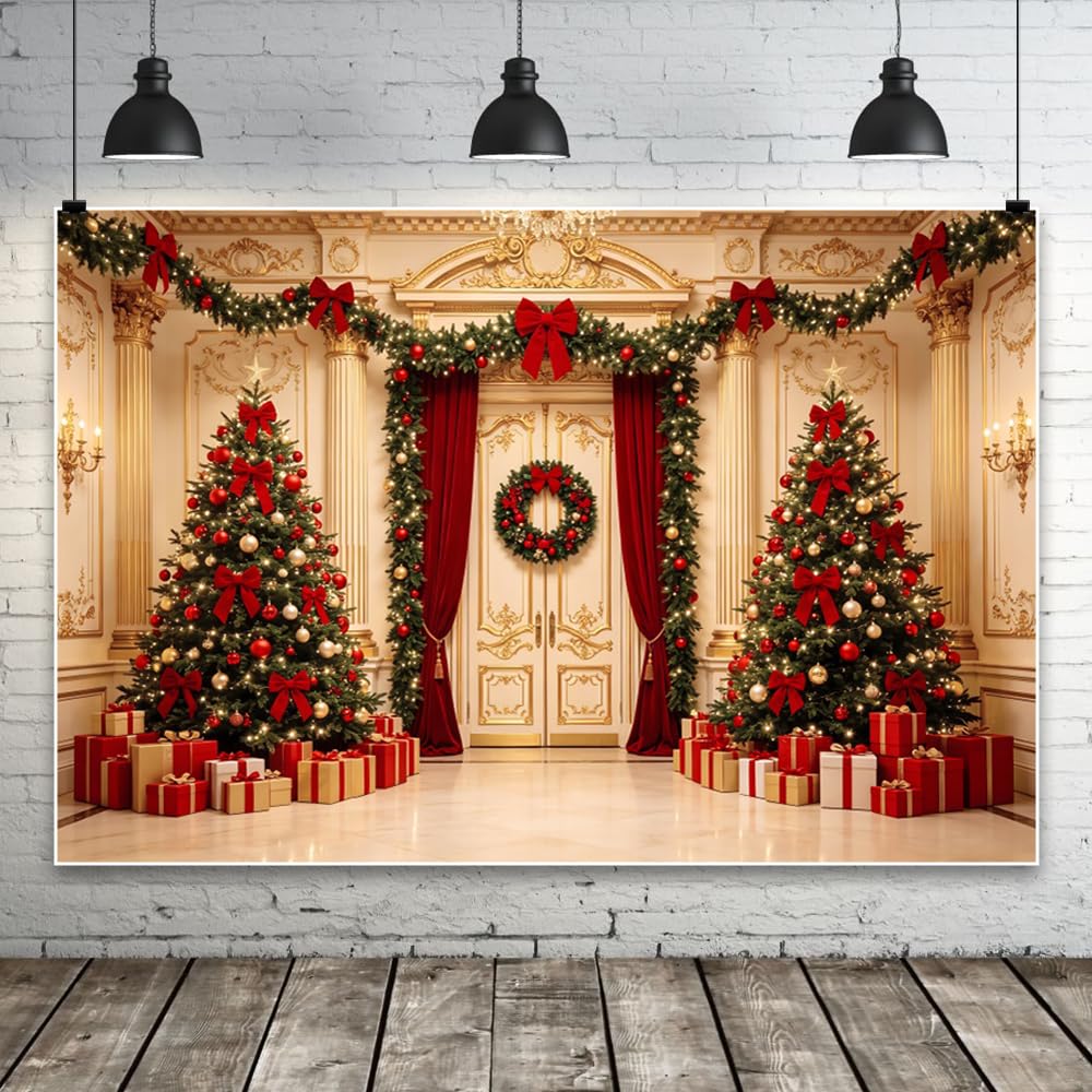3x2.5m Fondos fotográficos Navidad, árbol de Navidad salón Decorado Lazo Rojo Guirnalda Corona Cajas de Regalo Fondo para decoración Fiesta navideña y Año Nuevo Vinilo