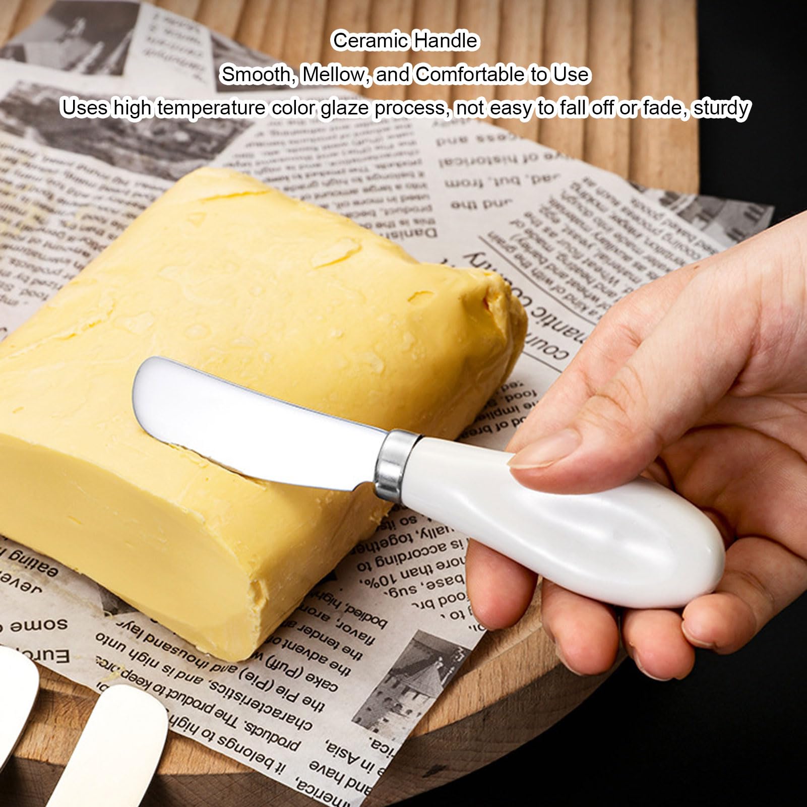 SIXRUN 2 Unidades Untador de Mantequilla, Cuchillo para Queso de Acero Inoxidable Apto para Lavavajillas con de Cerámica para Mermelada, Mantequilla de maní, pasteles. (WHITE)