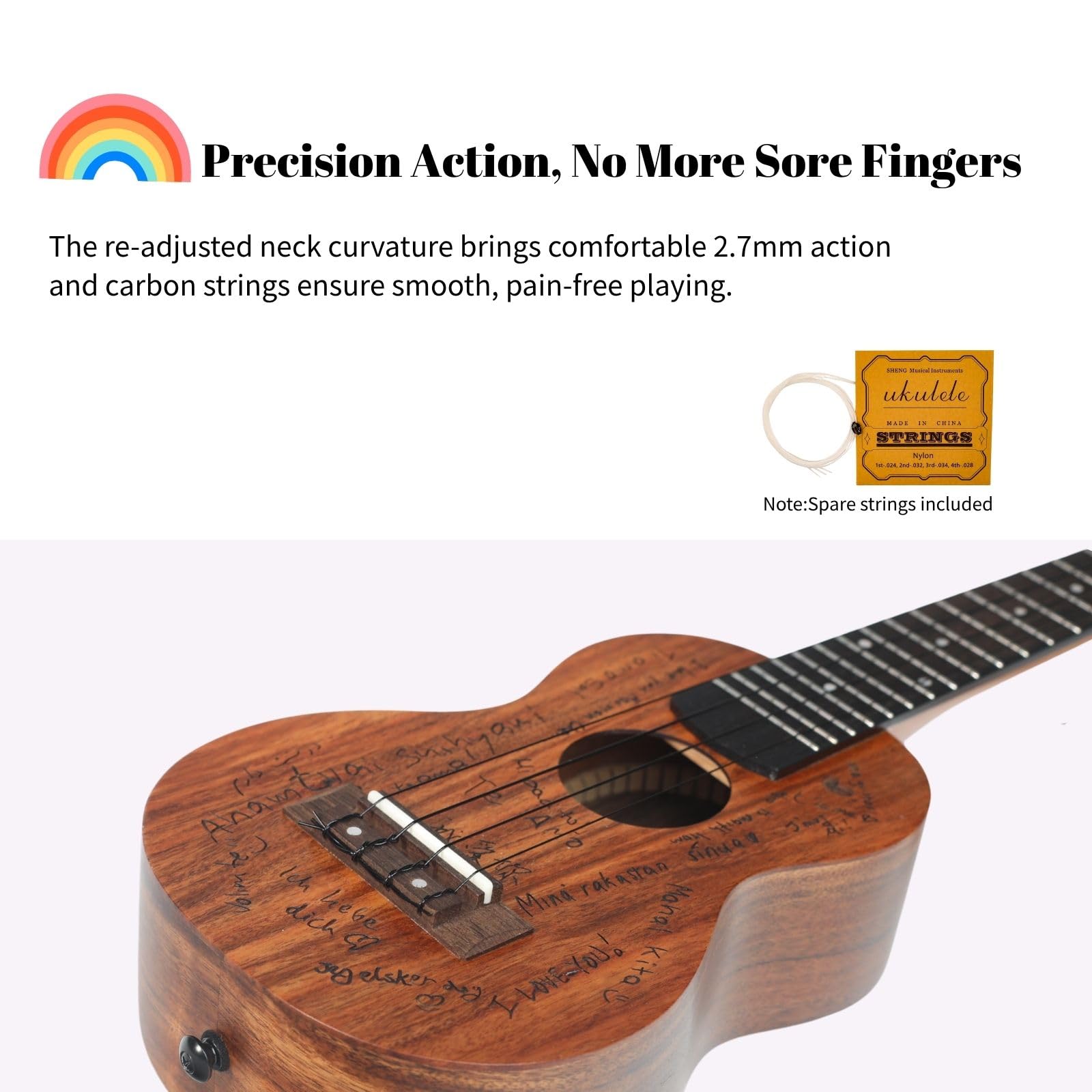 TODO Ukulele da concerto in mogano massiccio, 58 cm, The Love, ukulele per adulti e principianti, con corde in carbonio, borsa, tracolla
