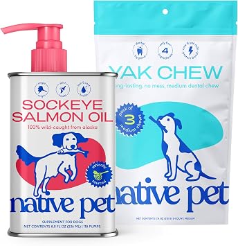 Native Pet Sockeye Salmon Oil for Dogs and Cats 8 Oz. & Yak Chews 3 Medium Chews - All Natural Dental Sticks Made with Yak Cheese & Pure Omega-3 Fish Oil Promotes Healthy Skin & Shiny Coat