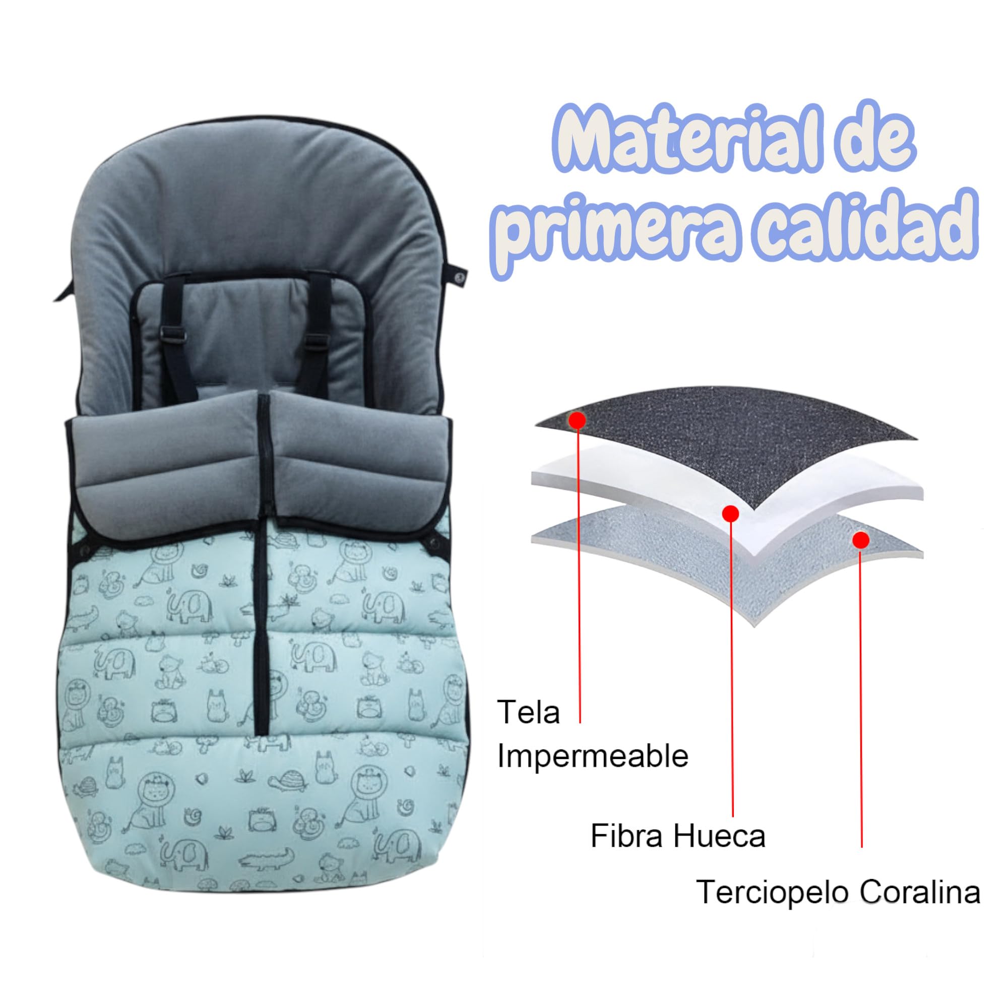 Variouss Saco Silla Paseo Universal Invierno Impermeable – Saco Cochecito Bebé con Cremallera Lateral y Forro Cálido de Coralina, Desmontable y Ajustable, con Estampado de Animalitos (Verde)