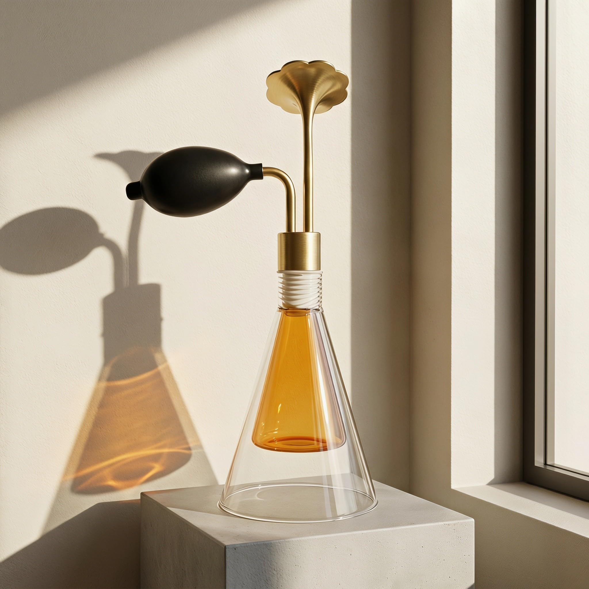 Cabilock Flacone Profumato in Vetro Oro 90ml con Pompa Corta in Rame | Design Retrò, Ugello Floreale e Testa a Imbuto in Ottone, per Vanità e Spa Aromatica