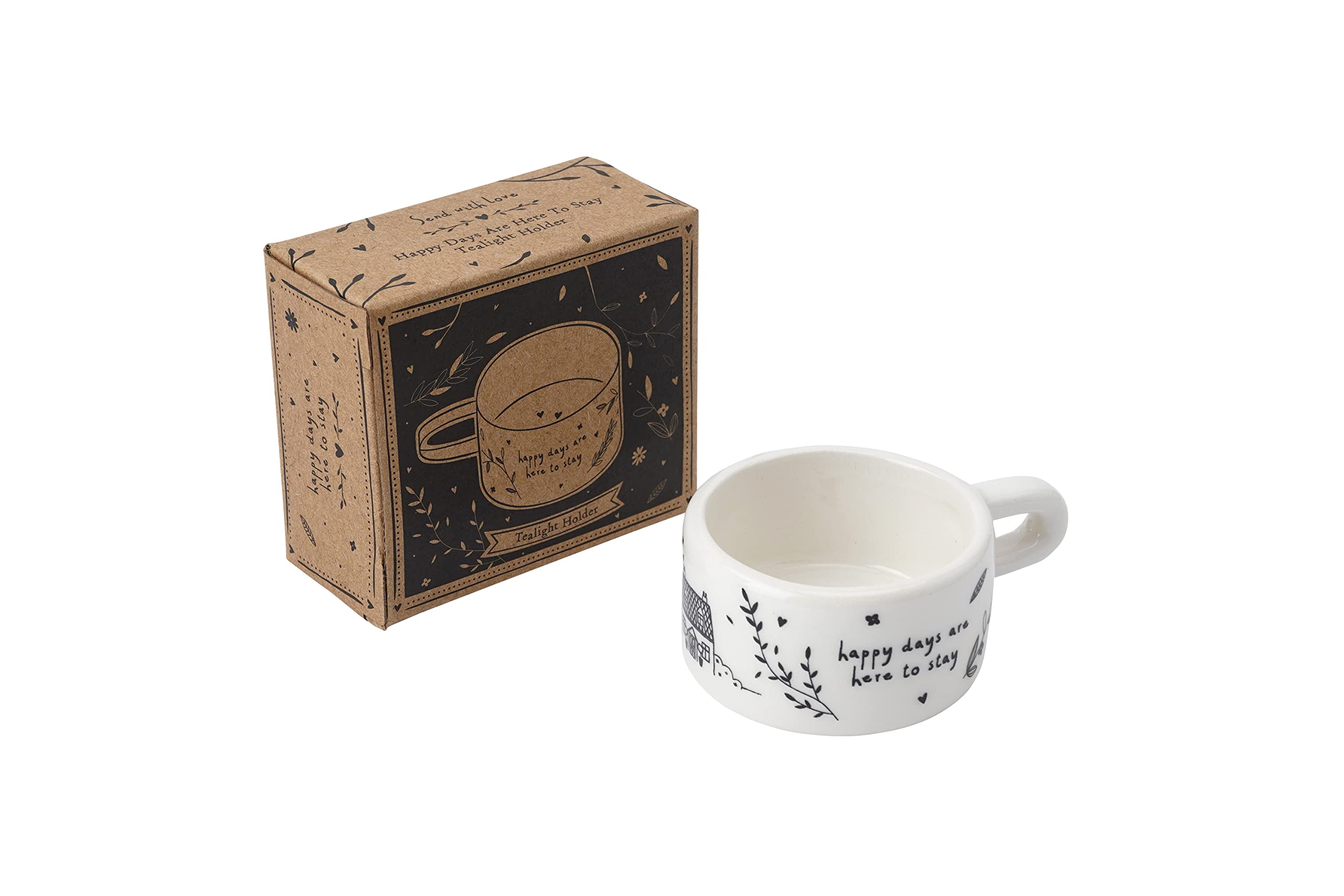 CGB Giftware | Happy Days Slogan Tealight Candle Holder |Flowers and Hearts | Ceramic | White Black | Gift Box | Gift For Your Home | Send With Love Range | GB06963