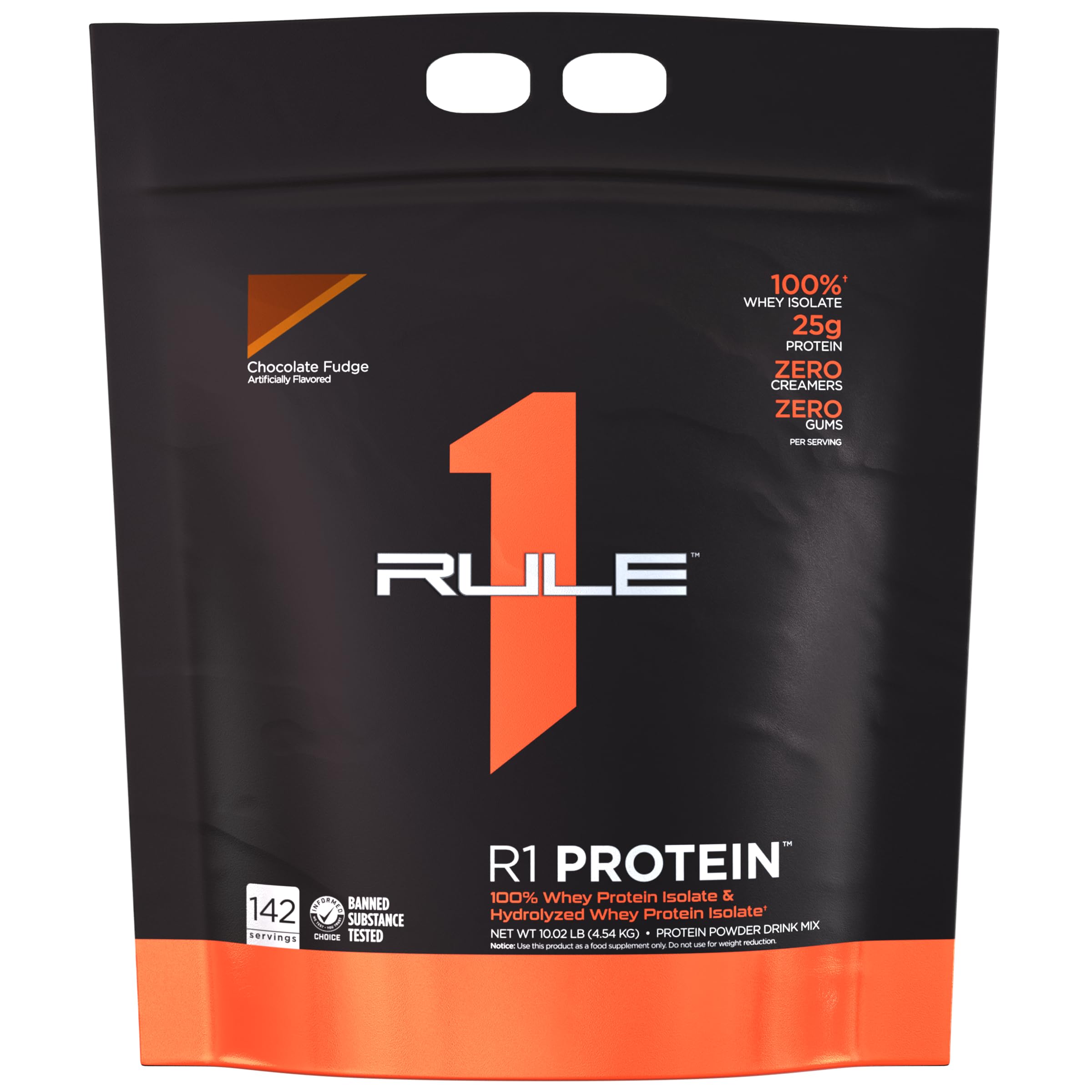 Rule 1 Protein Chocolate Fudge Flavor - 10.02 Lbs (142 Servings) 100% Whey Protein Isolate & Hydrolysate Formula, For Pre or Post-Workout, or power Boosting Snack
