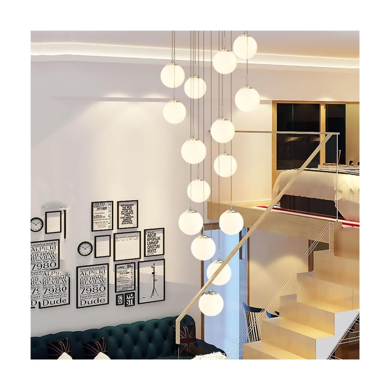 Lampy wiszące Mid Century 12 białych kulek ze szkła mlecznego długi matowy żyrandol do wejścia kominka wysokie sufity lampa wisząca salon jadalnia złoty chrom (złoty