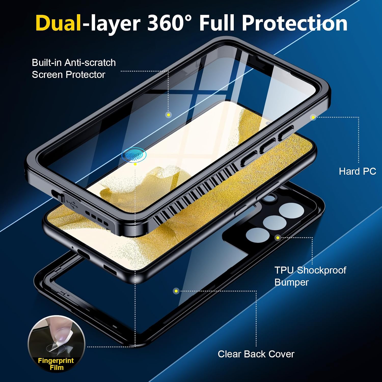 SPIDERCASE for Samsung Galaxy S22 Waterproof Case, [12FT Military-Grade Drop Protection] IP68 Water Resistance [Built-in Screen Protector] Full Body Sealed Protection Phone Case 6.1", Black/Clear