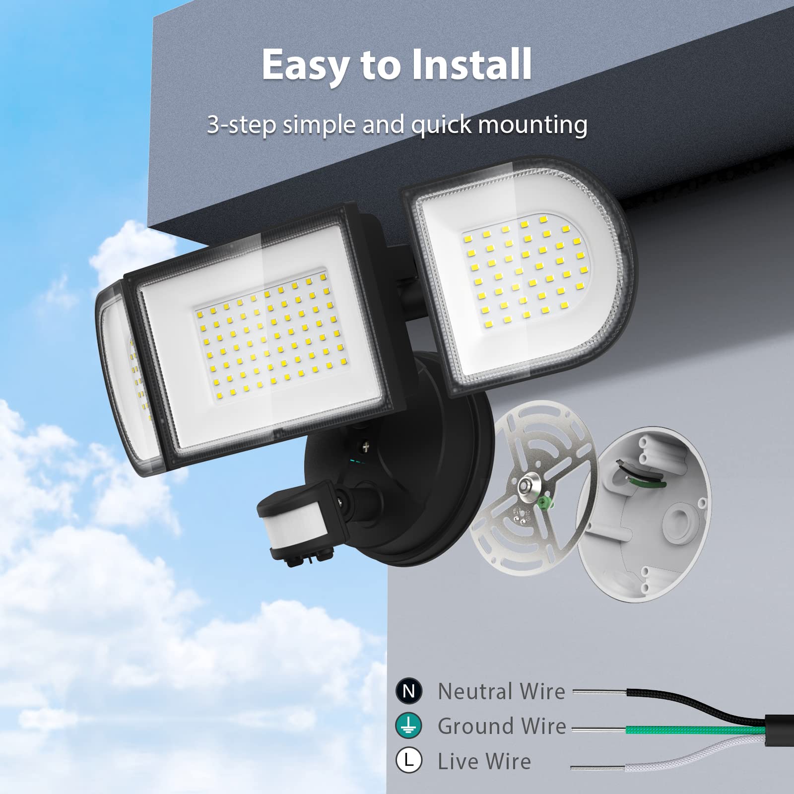 iMaihom 100W Motion Sensor LED Security Light, 9000LM Super Bright Flood Lights Outdoor, 6500K Exterior Floodlight, IP65 Waterproof, 3 Head Adjustable Motion Detector Light for Yard Garage (Black)