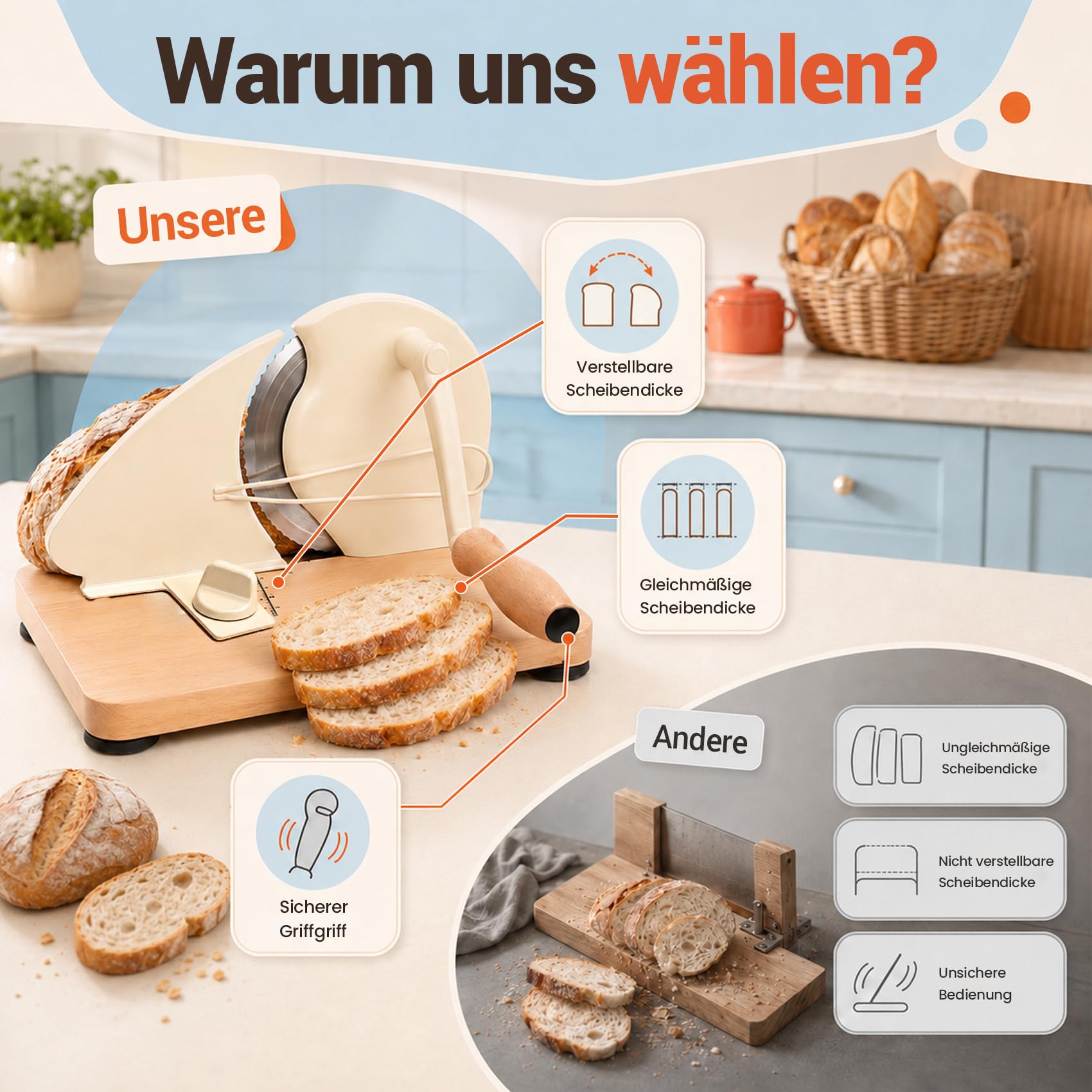 Brotschneidemaschine Manuelle mit Handkurbel | einstellbarer Scheibendicke 0–20mm | Edelstahlklinge mit Wellenschliff | rutschfeste Saugnäpfe | Für Sauerteig, Roggen, Toast & Baguette