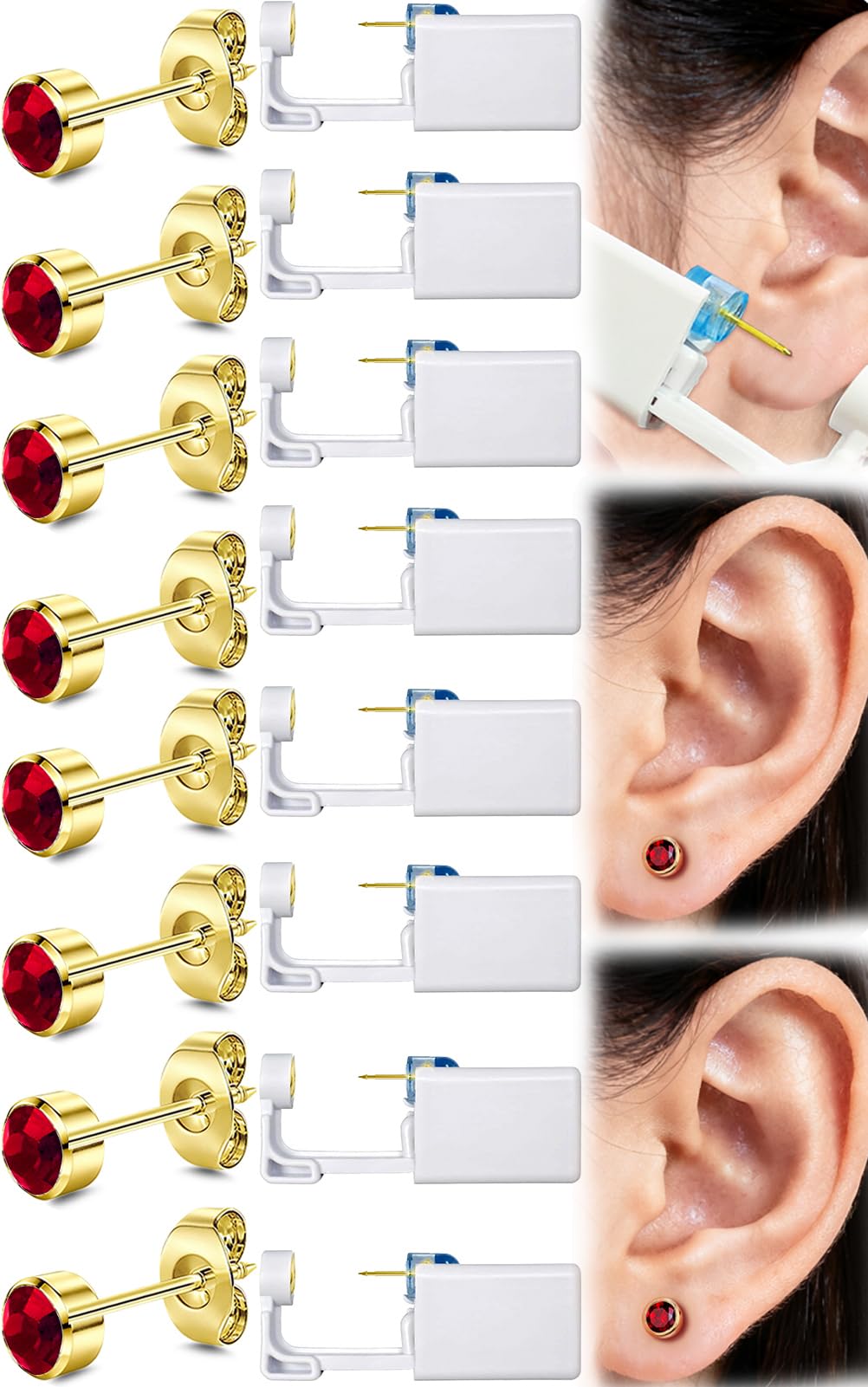 Get the Perfect Ear Piercing with 24 Pcs Premium Ear Piercing Kit - Includes 8 Red CZ Stones Earrings and 8 Easy-to-Use Self Ear Piercing Gun - Safe and Painless