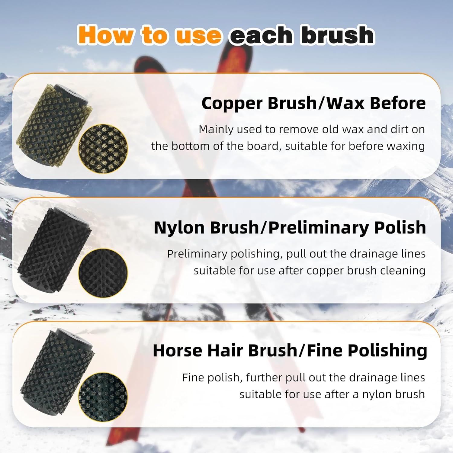 100mm Ski Roto Brush Kit Roto Brush Handle Axle with All 3 Brushes (Brass, Horse Hair and Nylon) with Protector Storage Bag, Handle Ski Rotation Brush Kit Using on Electric Drill - Image 3