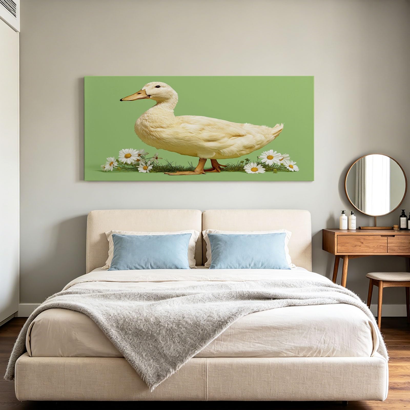 Stampa artistica da parete su tela incorniciata per soggiorno e camera da letto, animali anatra bianca, margherita, stampa artistica su tela, decorazione artistica da parete per ufficio, 140 x 70 cm