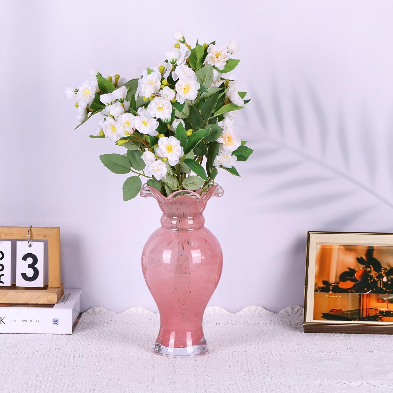 Hand Blown Glass Vase - Pink Glass Vase with Wide Mouth Decorative Centerpiece for Office, Dining Room Table, Mantelpiece and Wedding Table