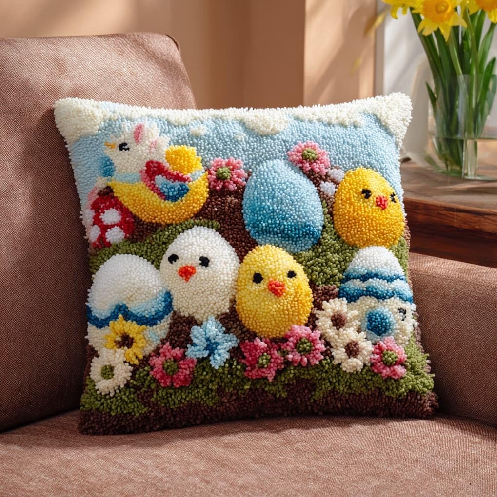 WallustrioaW Latch Hook Pillow Case Kits,Easter Eggs and Flowers,Embroidery Kits DIY Latch Hook for Aadults Cross Stitch Cushion,17x17in