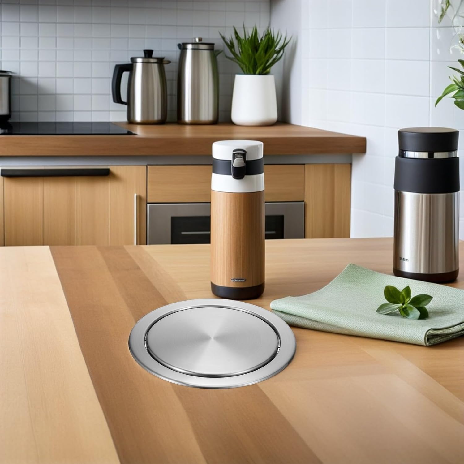 VALICLUD Recessed Stainless Steel Trash Can Lid with Swing Flap, round Countertop Recessed Trash Bin Cover for Kitchen and Bathroom, 2pcs (18-20cm Opening)