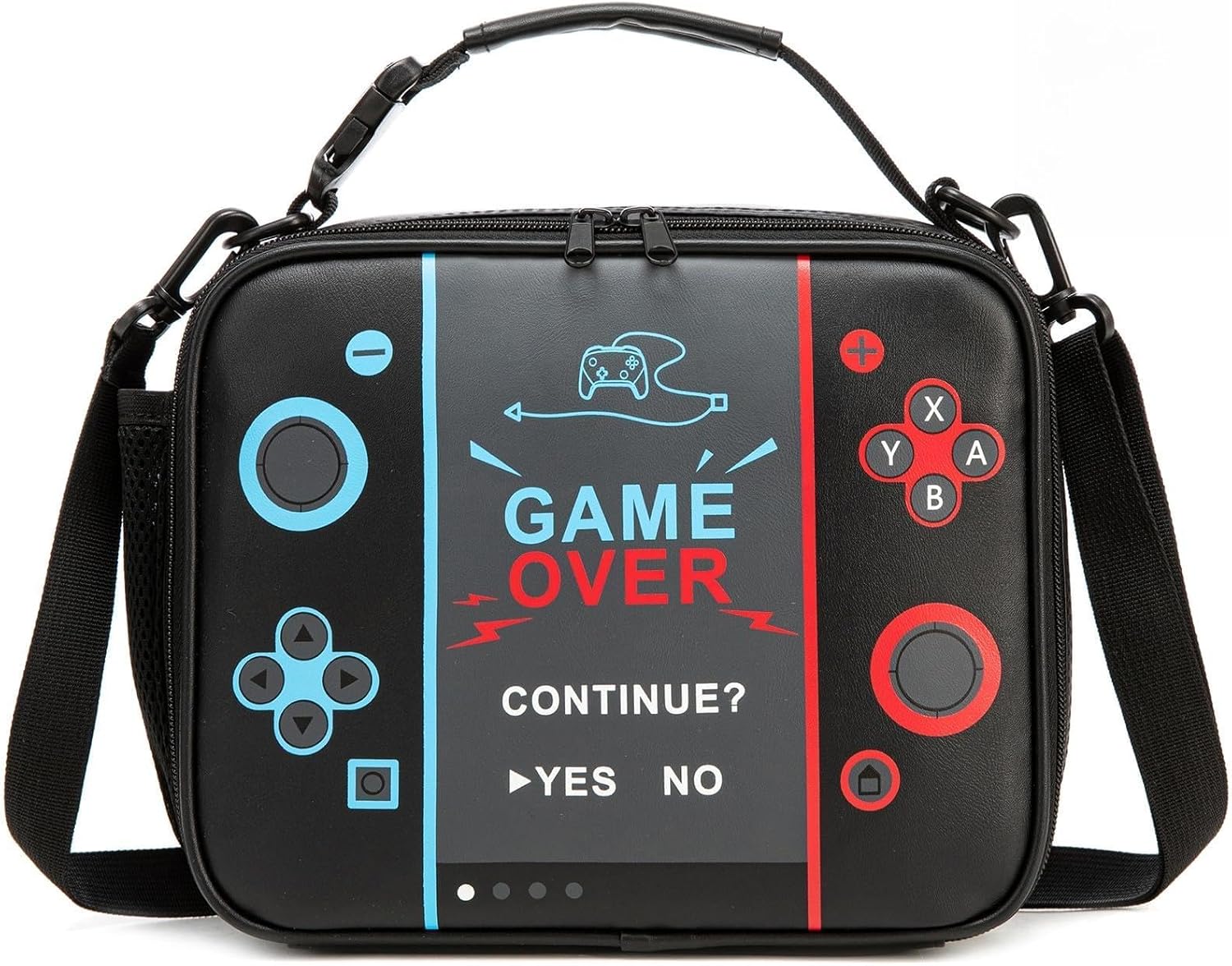 Beaulyn Gamer Lunch Bag for Boys,Large Capacity Insulated Lunch Box with Extra Mesh Bag Fit Ice Pack, Waterproof & Dourable PU Kids LunchBox with Adjustable Strap & Side Pocket for School Picnic