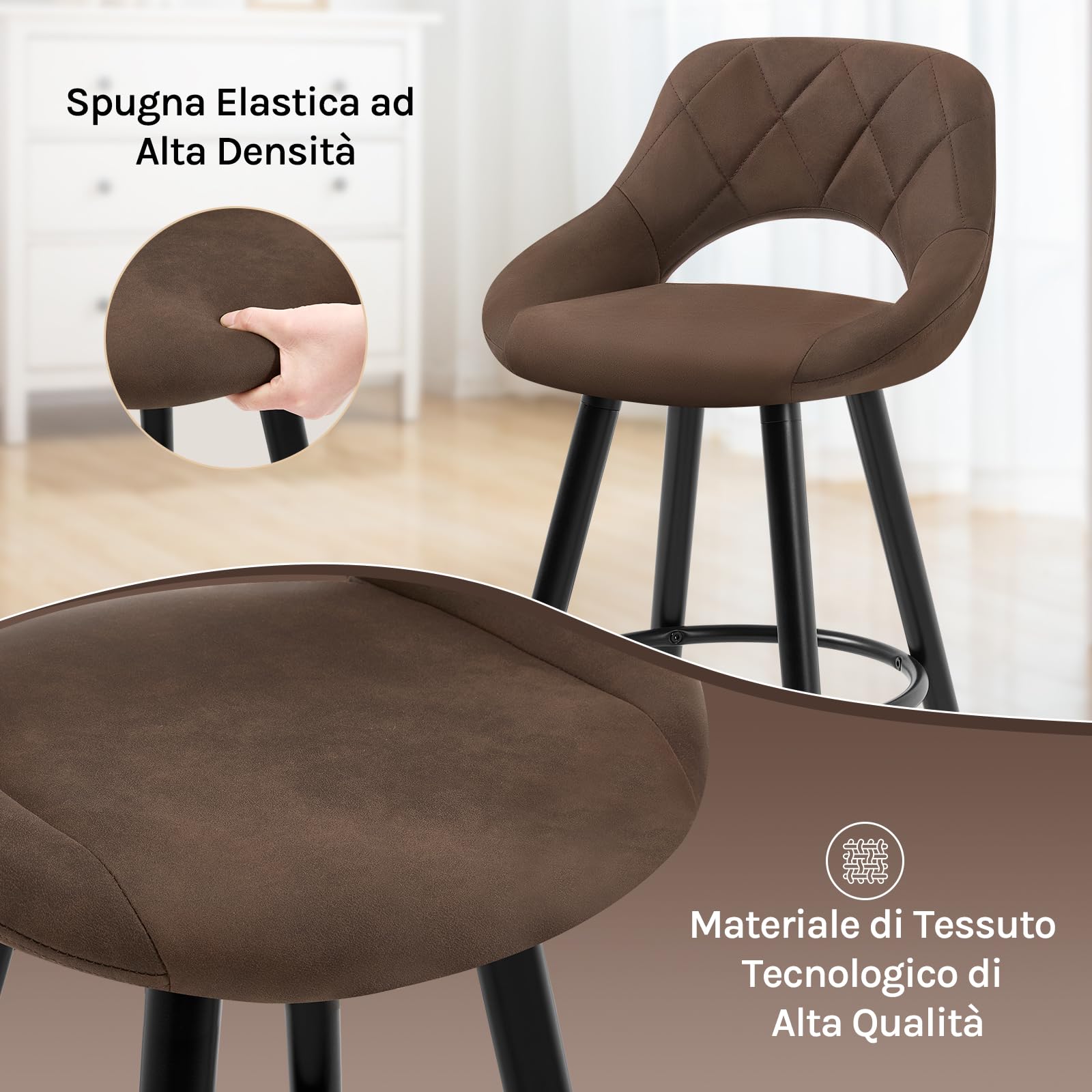 WOLTU Sgabelli da Cucina Set di 2, Sgabello da Bar per Colazione, Sgabelli Alti con Poggiapiedi e Schienale, Sedile in Tessuto Tecnico+Gambe in Legno, Marrone Scuro, BH291dbr-2