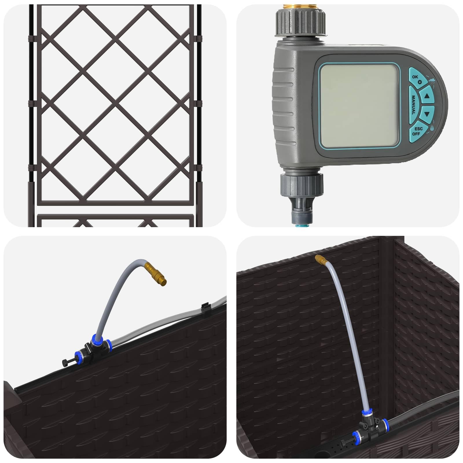 Fioriera mobile con traliccio e set di irrigazione, marrone, PP | Fioriera flessibile per terrazza e balcone con sistema di irrigazione automatico e traliccio per piante rampicanti.