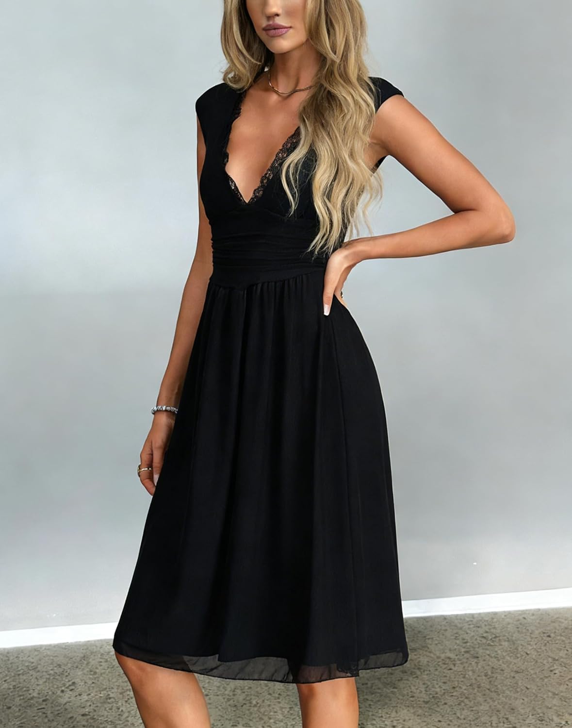 HYPERFIRE Women's Summer V Neck Mesh Dresses Cap Sleeve Ruched Basque Waist A Line Party Dress - Image 3