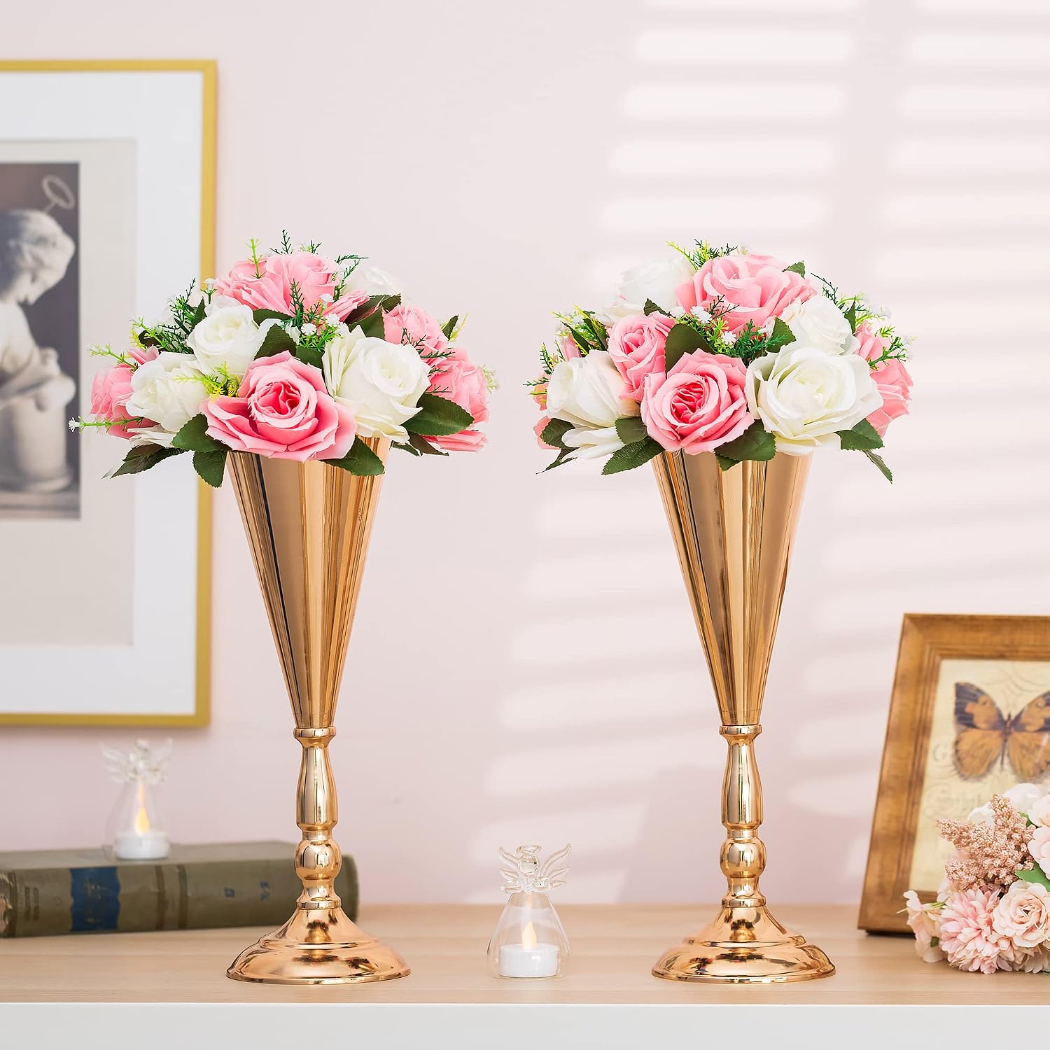 Gold Vase Centerpiece Table Decorations - 10 Pcs Metal Tabletop Flower Stand, Wedding Decorations for Reception, 14in Trumpet Tall Flower Vase for Birthday, Weddings, Anniversary, Home Decor