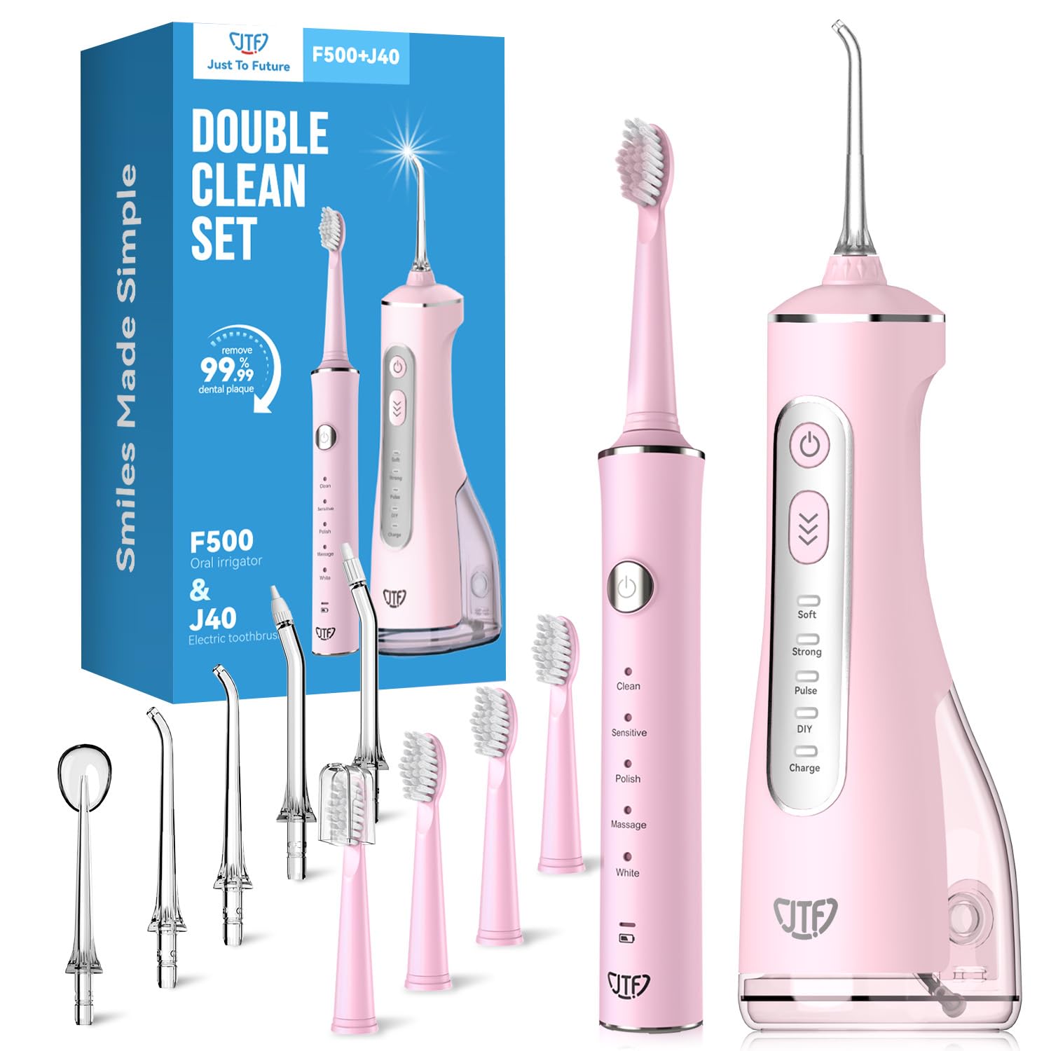 JTF Cepillo de Dientes Eléctrico y Irrigador Bucal 2-en-1 – Kit de Higiene Bucal Portátil para una Limpieza Eficaz y Suave, Múltiples Modos para Brackets y Encías Sensibles, Inalámbrico(Rosa)