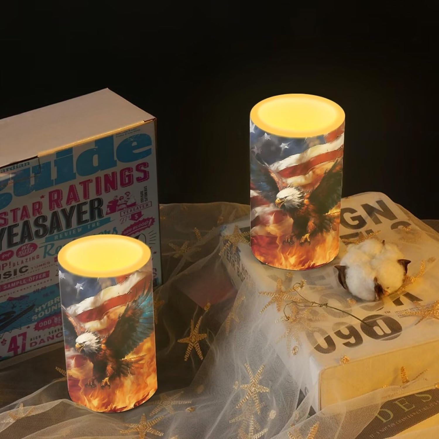 Eagle Flag Flameless Candles 2 Pack 6 x 3 inch Veterans Day USA Flag Battery Operated Candles with Multicolor Timer Remote Control LED Fake Candles for Warm Light Dinner Table Home Decor