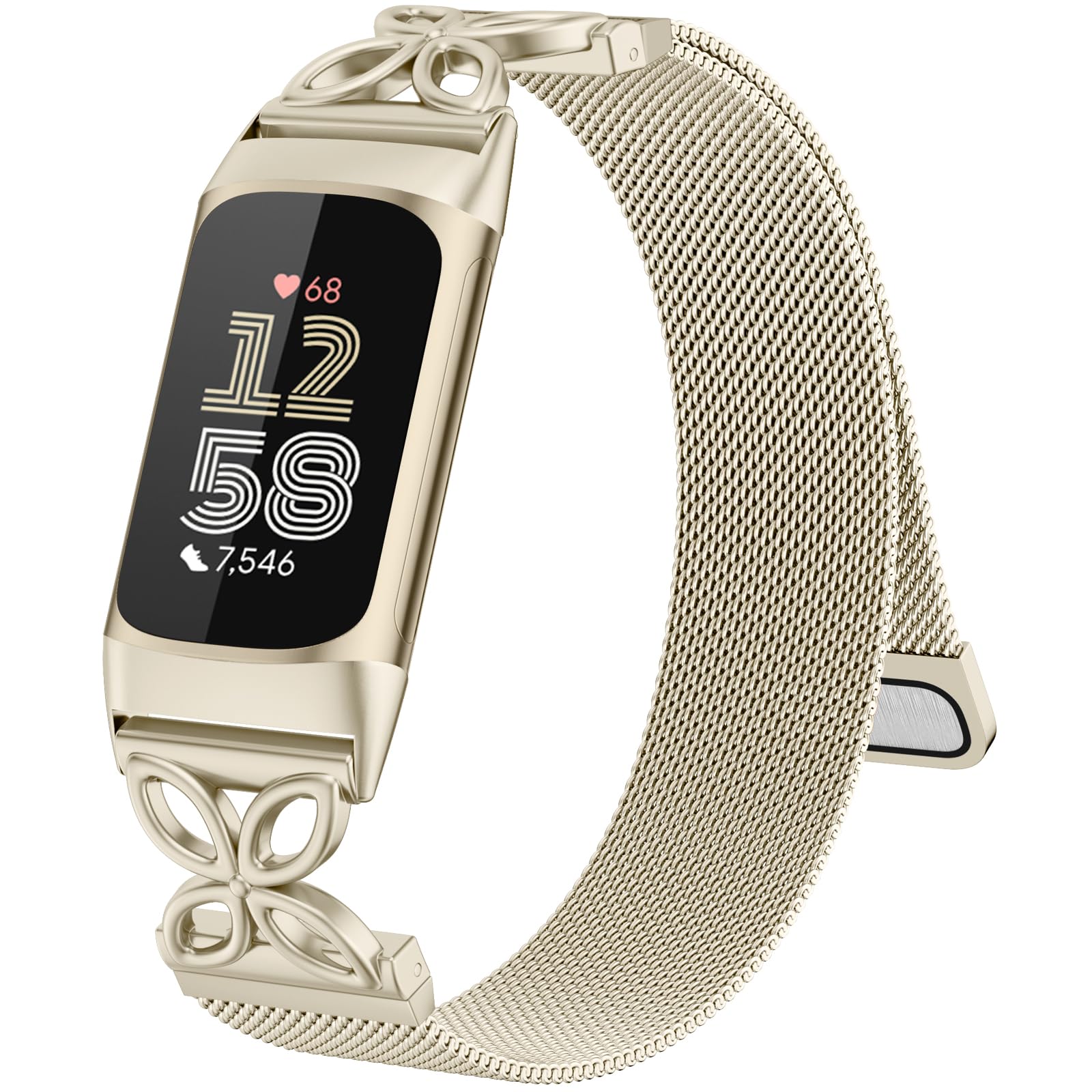 Oielai Metal Band Compatible with Fitbit Charge 6 Strap for Women, Floral Magnetic Stainless Steel Mesh Loop Replacement Wristband for Fitbit Charge 5 Strap, ChampagneGold