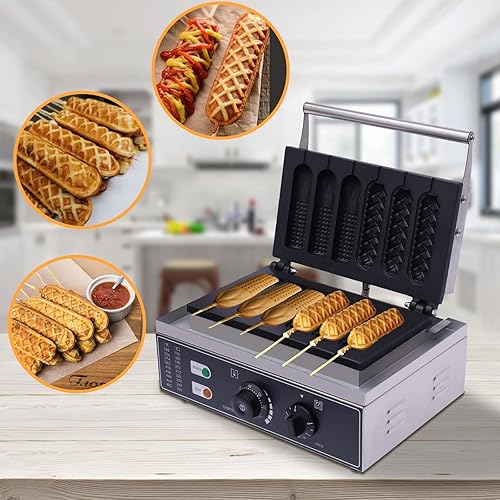 Miniatura 2 de Hotdog - Máquina de gofres comercial, 110 V, 1500 W, 6 piezas de gofres eléctrica para perros calientes, waffles de maíz crujientes para hornear