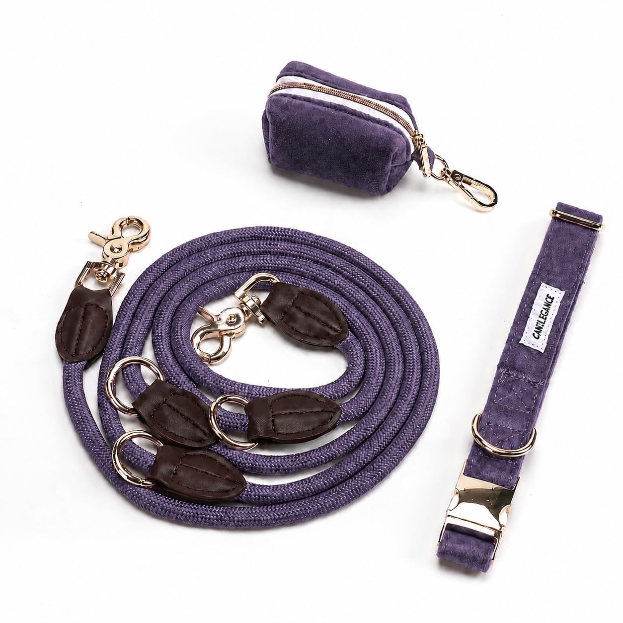 Set de Promenade pour Chien Collier Réglable Laisse 4-en-1 Porte-Sachet Violet Taille L Tour de Cou 39-59 cm Lavable en Machine